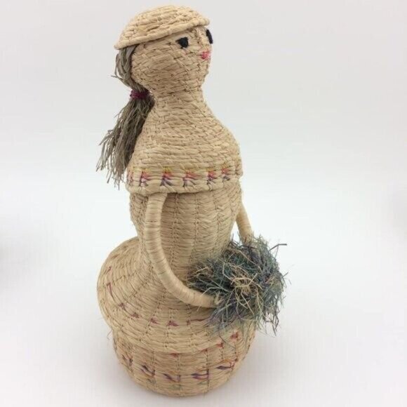 Handmade Woven Basket Woman Lady with Long Hair Figure Dress Folk Art 9" - Picture 2 of 16